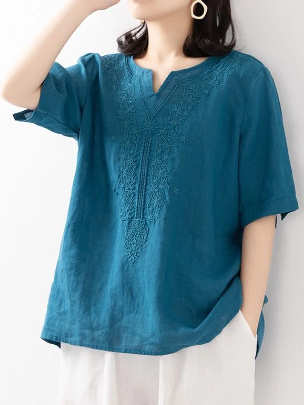 Loose Cotton Linen ort Sve V-Ne T-irt Women's Top Summer New Sle Slimming Ethnic Wind Linen Base irt