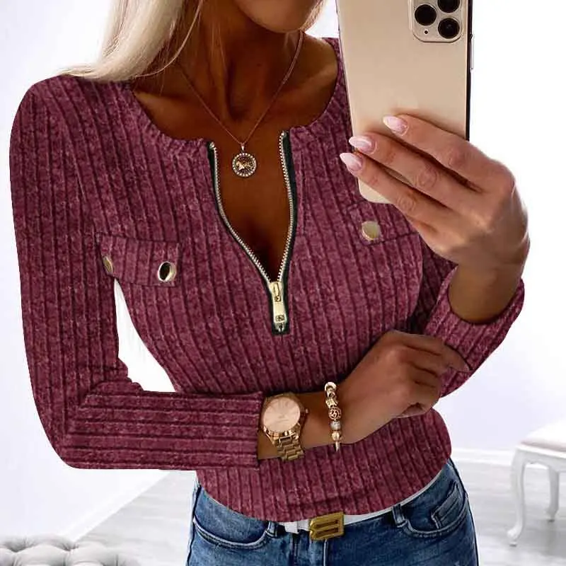 

Autumn New Apricot Long Sleeve Sexy Deep V Neck Slim Top for Women Fashion Elegan Office Lady Zipper Tees 2024 White T-Shirts