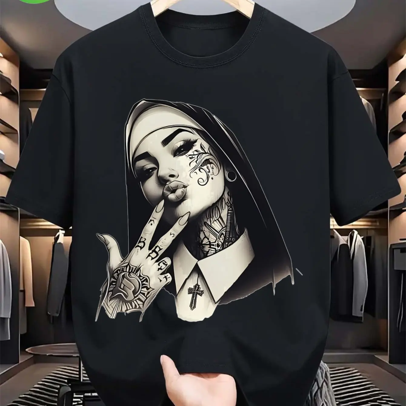 Tattooed Nun With Hand Sign Graphic Print Breathable pure Cotton Crew Neck Short Sleeve T-Shirt Daily Wear Breathable Tee Shirts