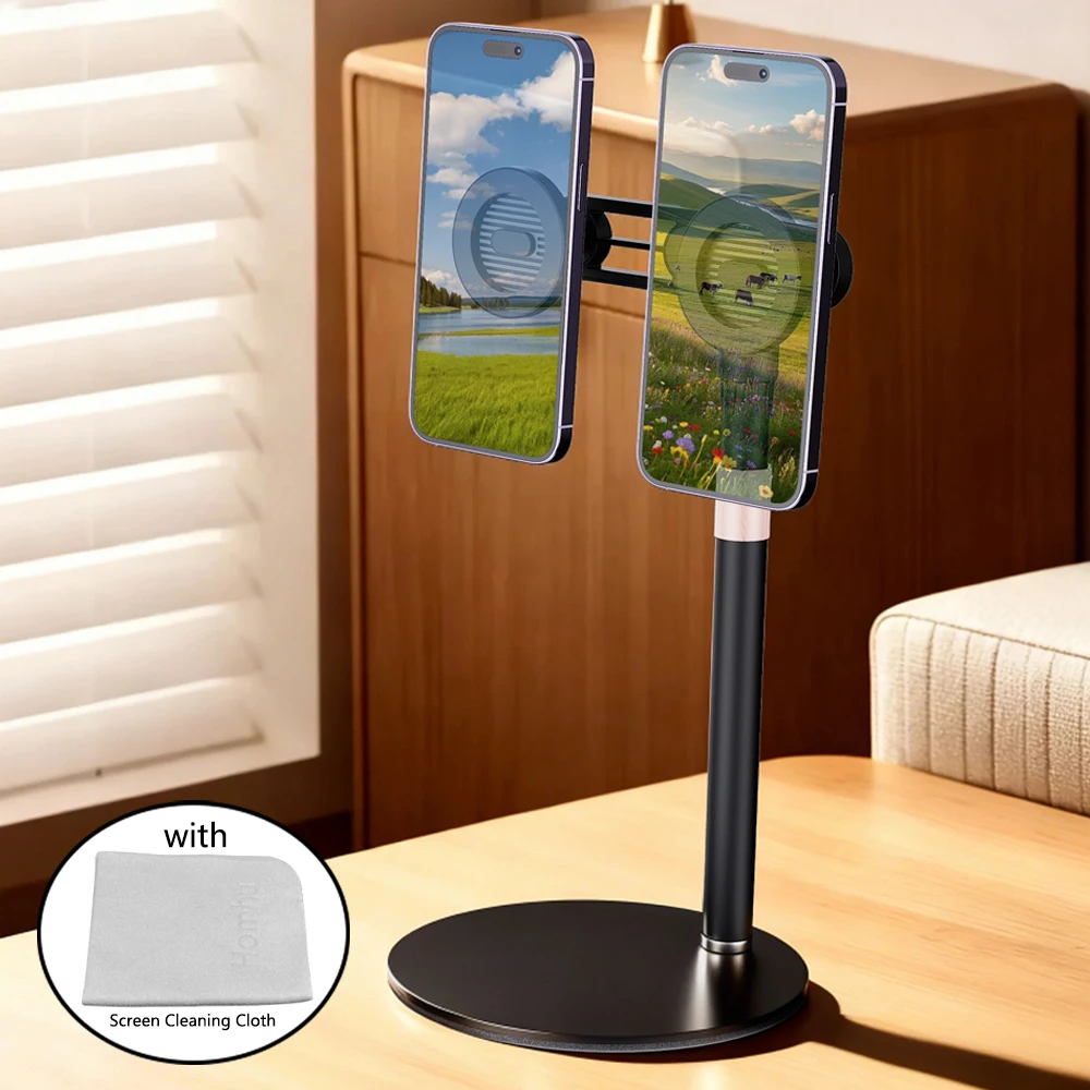 

Desk Dual Phone Stand Live Streaming Magnetic Mount 360° Rotating Foldable Aluminum MagSafe Holder for IPhone 17 16 15 Pro Max