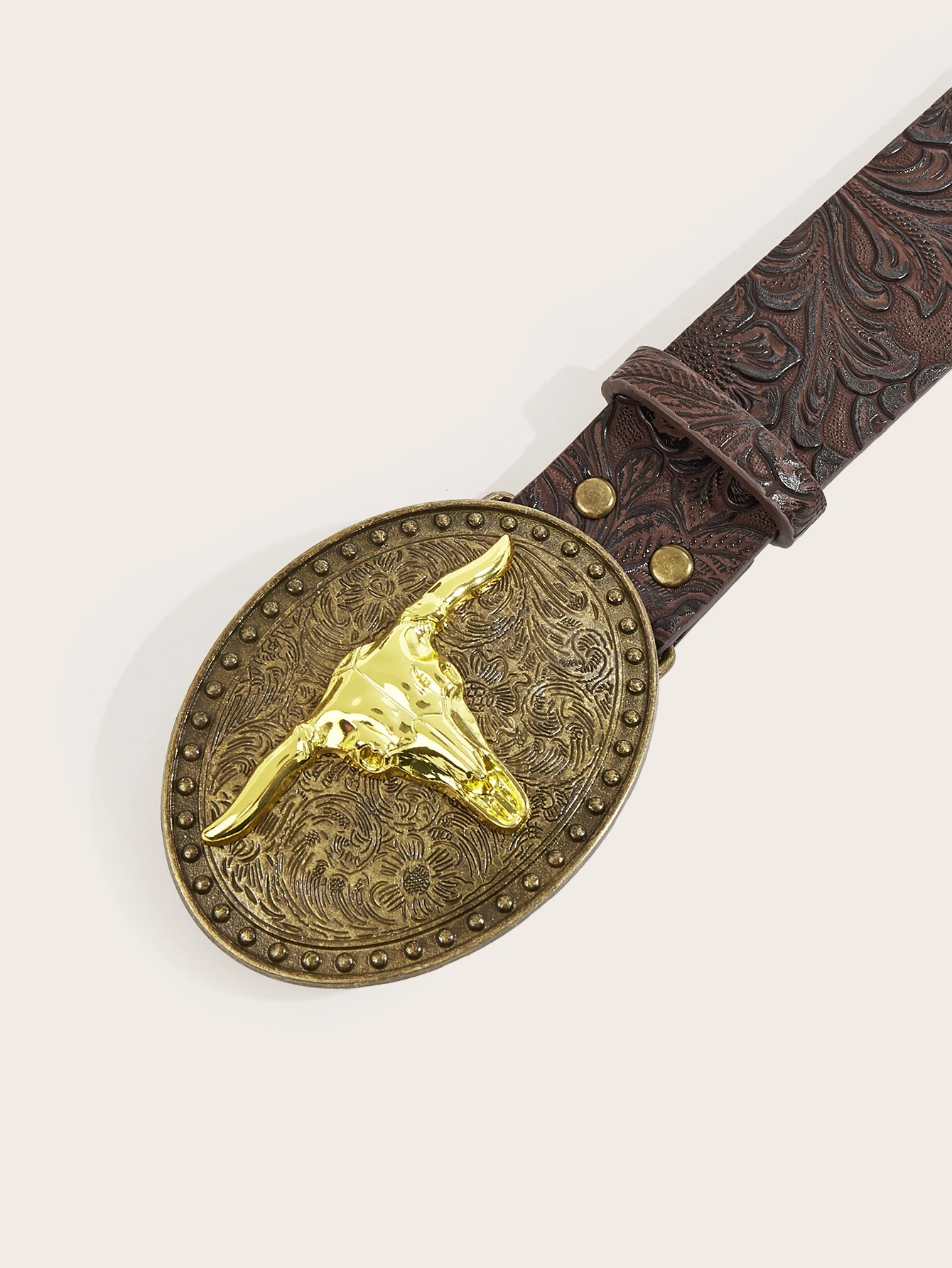 1pc Women Western Longhorn Belt Brown PU Leather Embossed Waist Belt With Gold Bull Skull Buckle For Jeans Dress