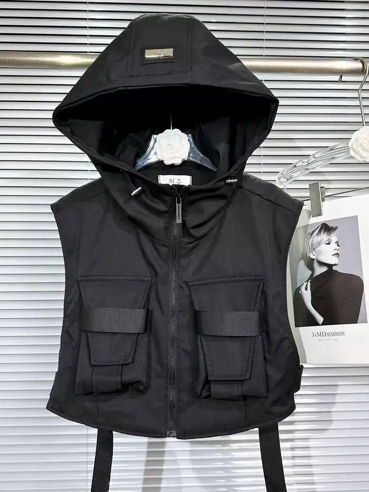 

Весна и осень 2024, новый черный модный стиль, облегающее короткое пальто без рукавов, жилет, топ, женский повседневный топ