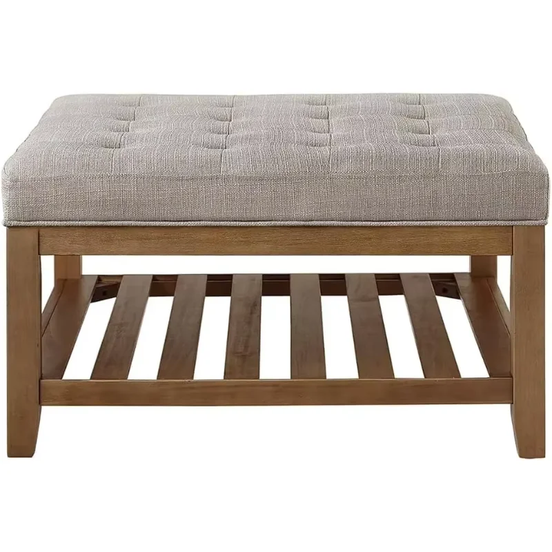 24KF Large Square Upholstered Tufted Linen Ottoman Coffee Table, Large Footrest Ottoman with Solid Wood Shelf-Linen