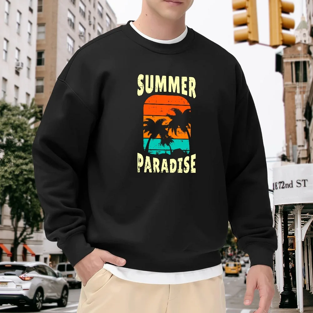 

Men's Black Crew Neck Sweatshirt, Loose Fit Retro Print Pullover, Coconut Tree Pattern Trendy Top, Versatile for Everyday Casual Street Style