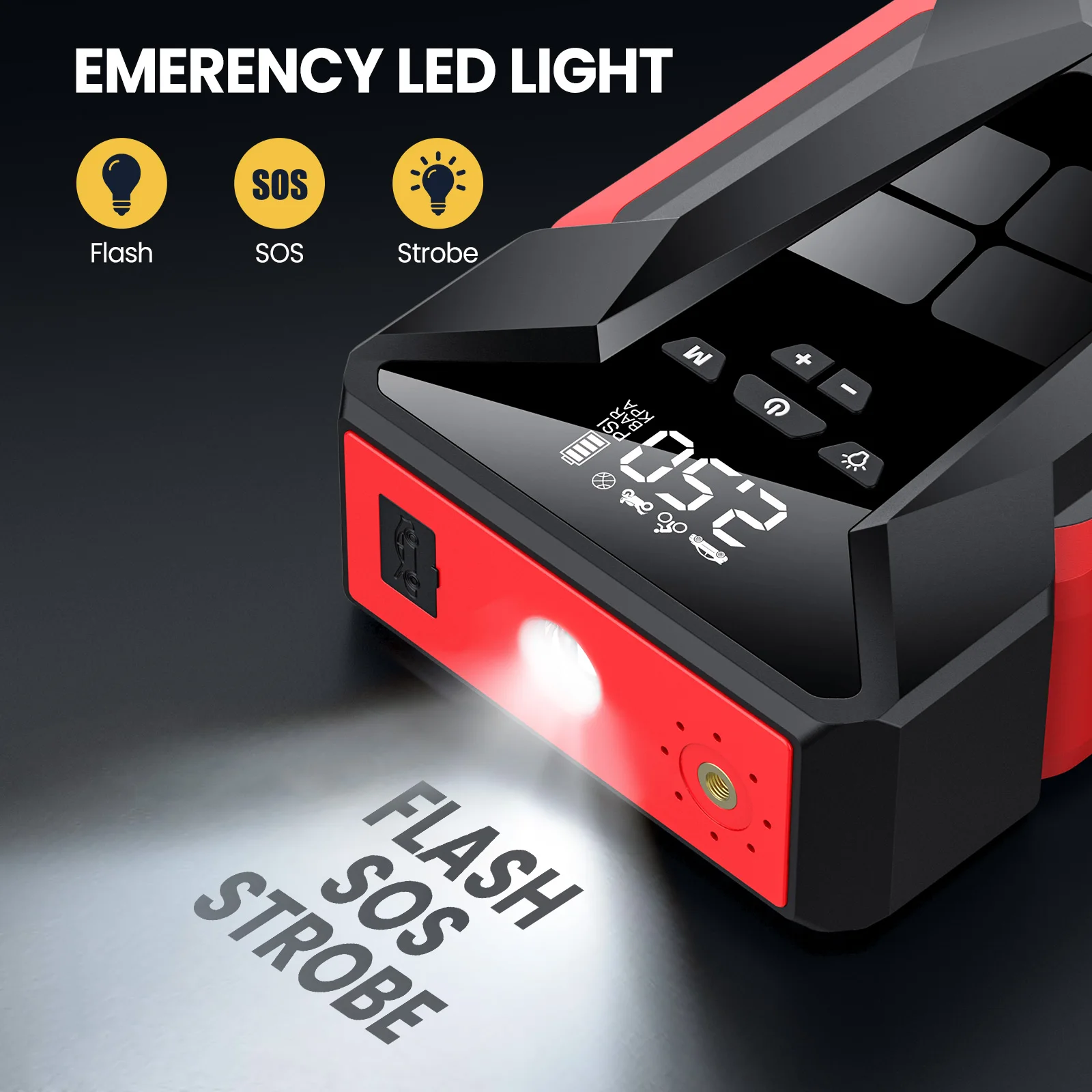 Démarreur de voiture avec gonfleur de pneus 150 PSI, booster de batterie d'urgence 4-en-1 et gonfleur de pneus, 600A/1200A en crête, lumière LED