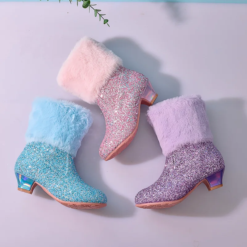 Fashion Sequins Girls Ankle Booties Winter Warm Plush Children's Snow Boots Princess High Heels Kids Footwear Mid-calf Botas
