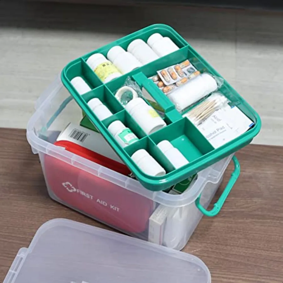 ロック付き蓋とハンドルが付いた透明な救急箱プラスチック収納容器