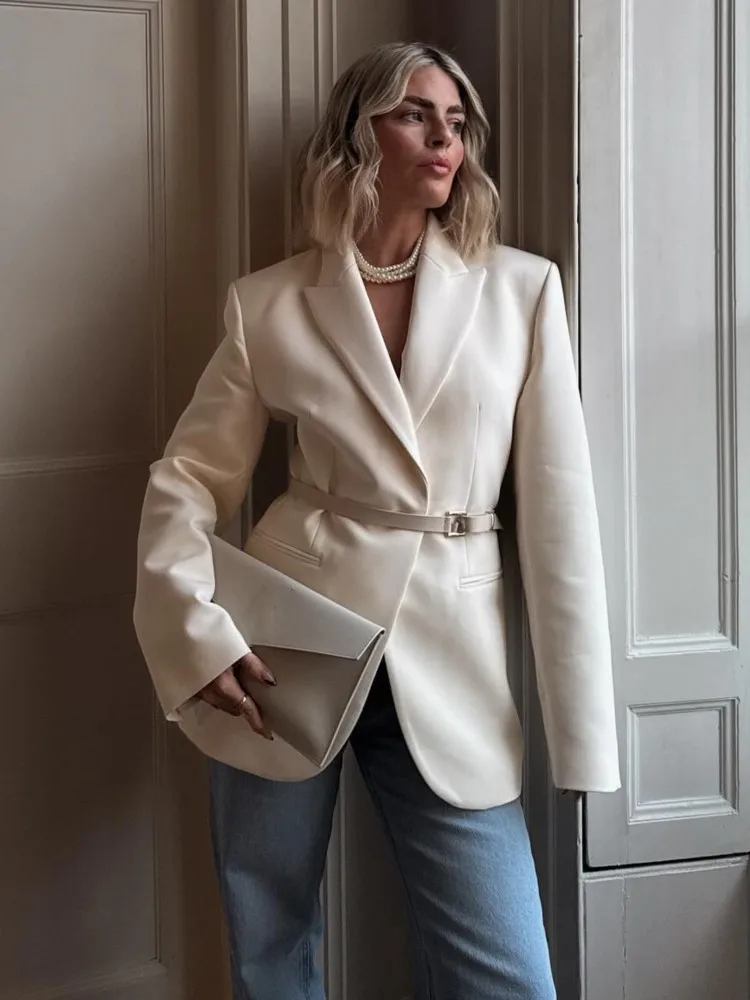 Abrigo de traje de Color liso, chaqueta con cinturón, cuello en V blanco, cintura ceñida, abrigo de longitud media para ir al trabajo, traje Formal profesional superior