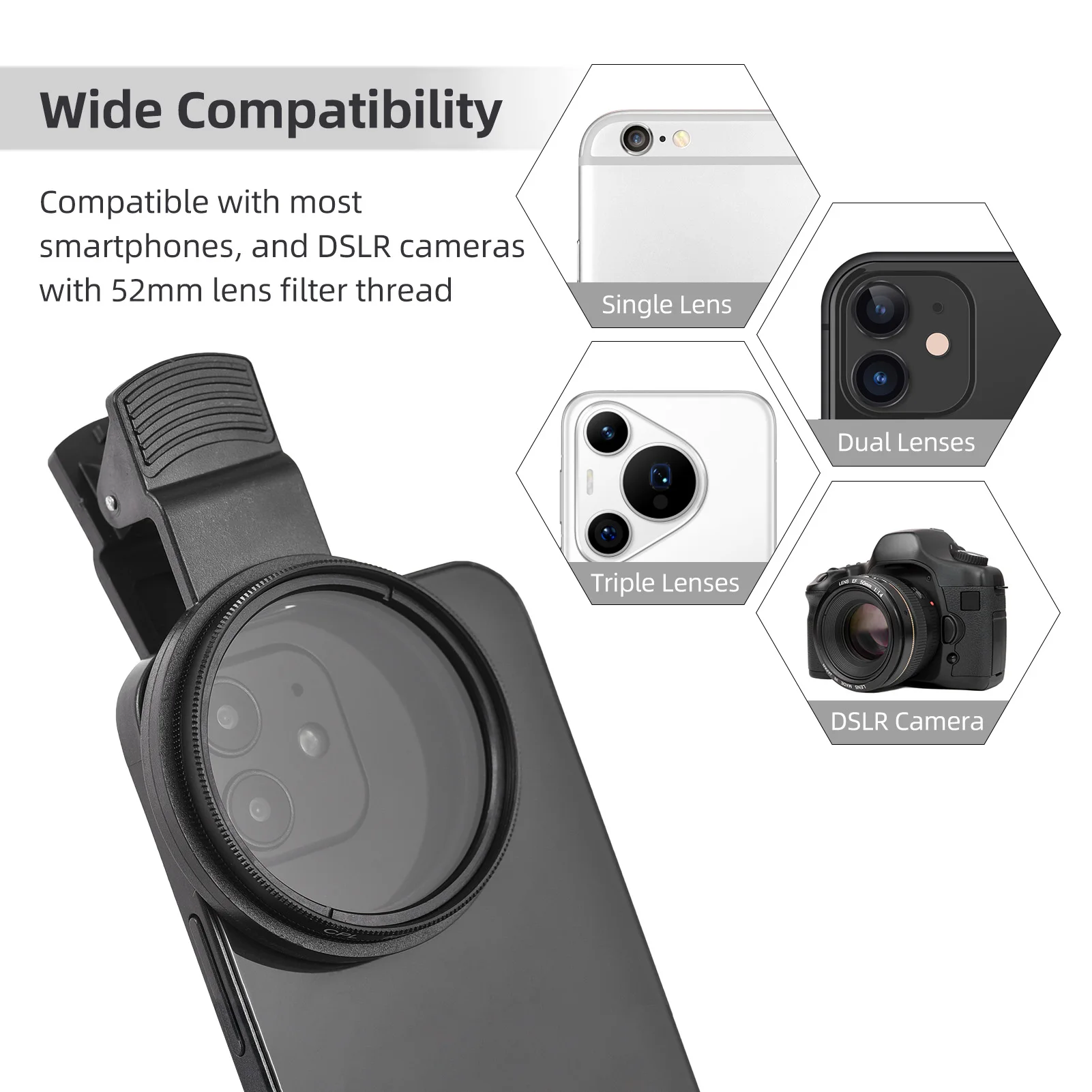 52mm CPL Polarizer Filter Clip-On Lens for Phones & Cameras 2