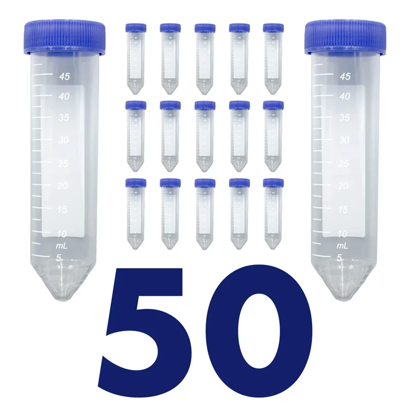 Wetenschappelijke conische centrifugebuisjes 50 ml, [50 stuks] Kunststof reageerbuis met schroefdoppen, 50 ml steriele reageerbuisjes met deksels