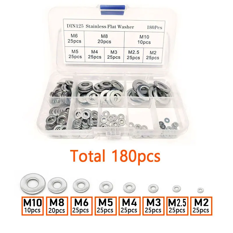 

180 шт., комплект плоских шайб из нержавеющей стали, разные размеры для домашнего ремонта «сделай сам», автомобильная сантехника, устойчивый к коррозии комплект оборудования