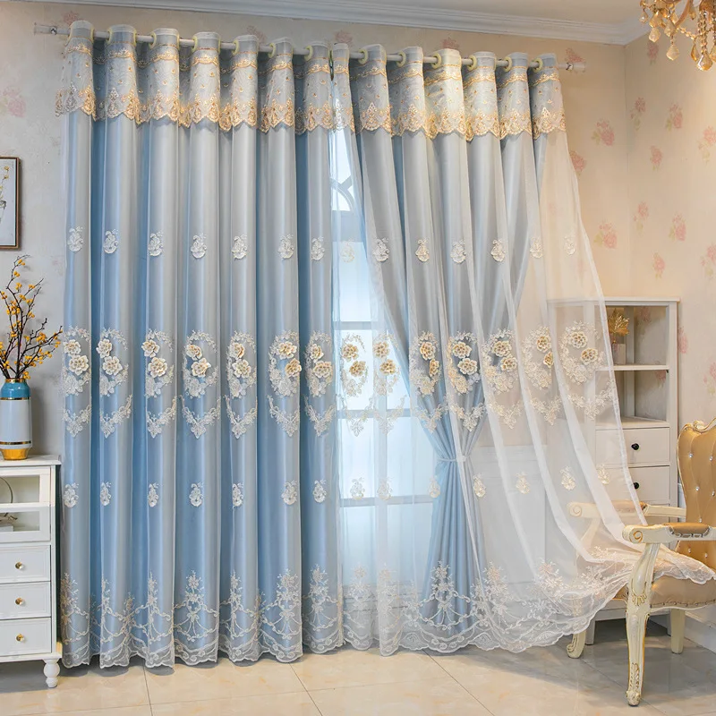 1 Panel 132cm Width European Double Layer Curtain with Valance for Living Room Bedroom 3D Flower Embroidered Luxury Curtain