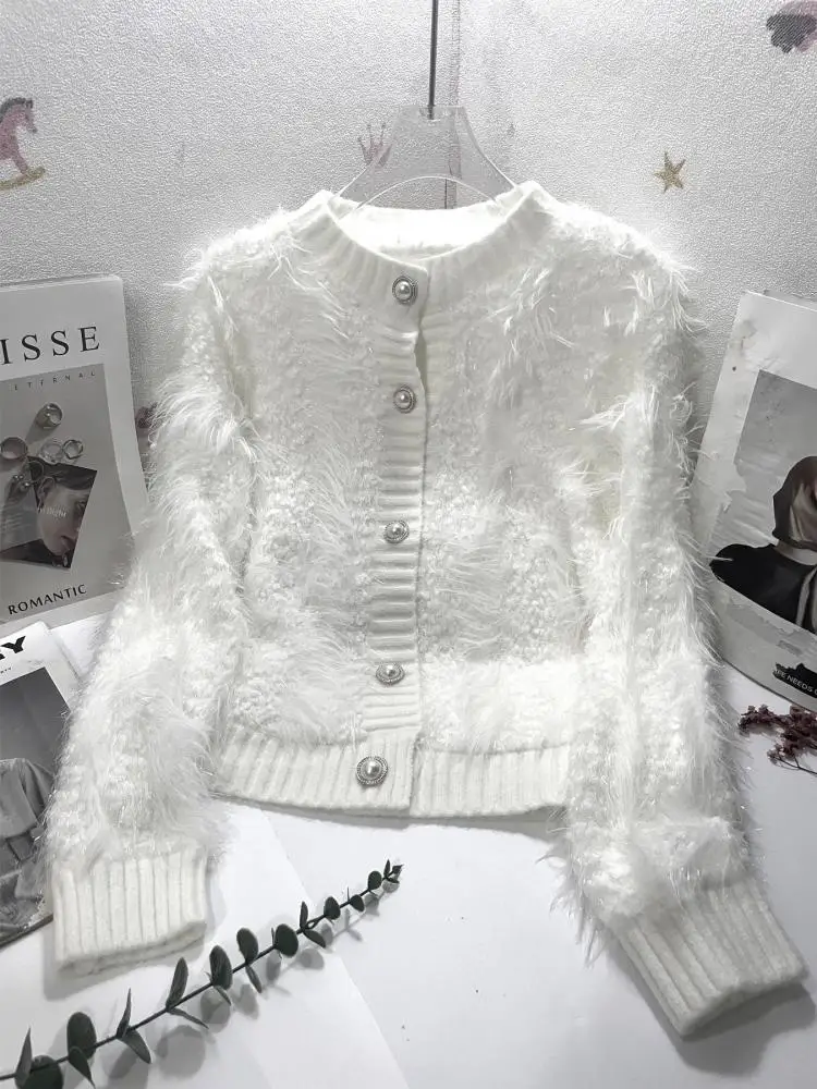 

Korean Women Solid Round Neck Elegant Vacation Short Mink Sweater Autumn Winter Single Breasted Versatile Cardigan Knitted Tops