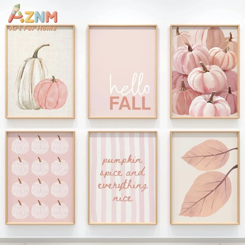 Fall Wall Art Pink Autumn Gallery Poster Bundle Thanksgiving Wall Art Hello Fall Printable Pumpkin Spice Fall Leaves Gift Poster
