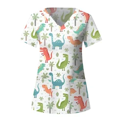 Clinical Uniform Woman Dinosaur Cartoon Print Microelastic V-Neck Scrub Uniform Fashion Short Sleeve with Pocket Medical Clothes