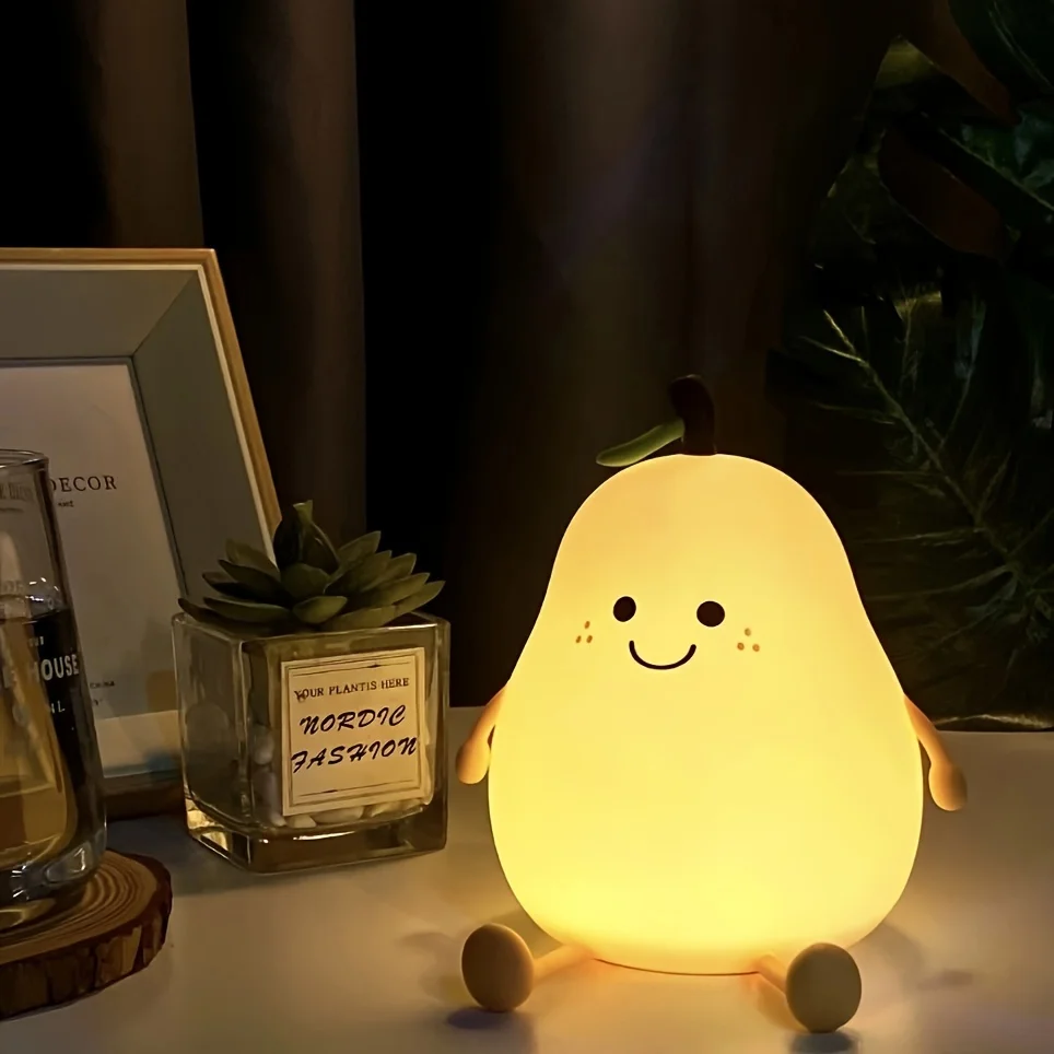 1pc Cute Fruit Night Light Silicone Nursery Pear Lamp USB Charging Creative Table Lamp For Kids Child Bedroom Decor Nightlight