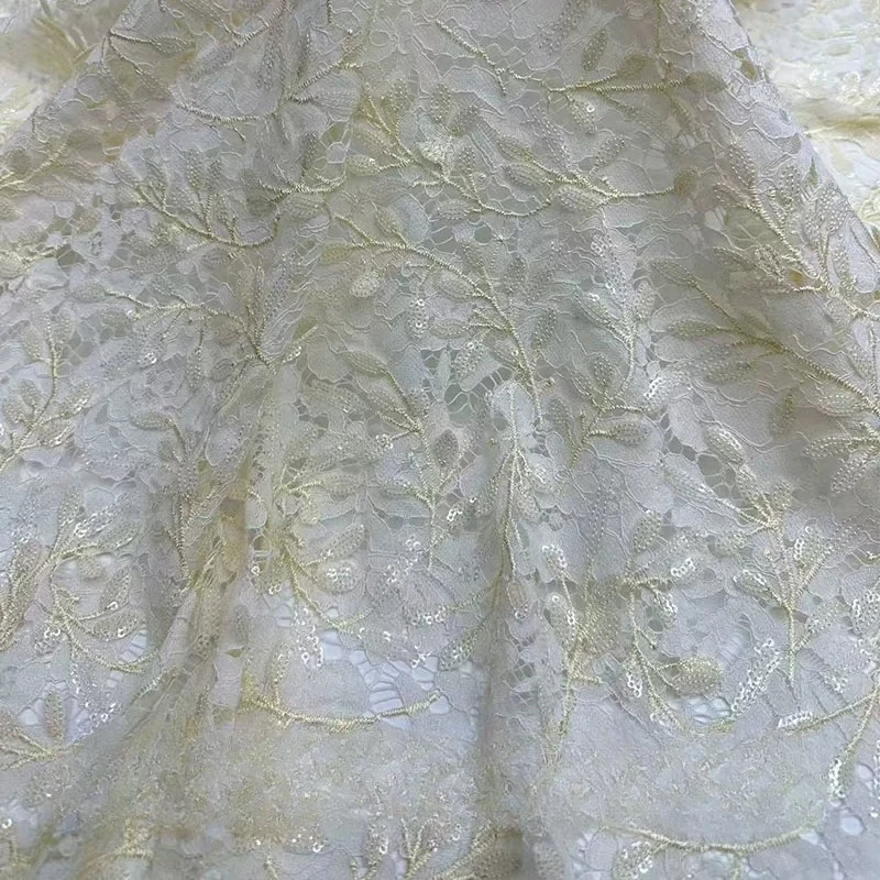 

French Style Apricot Fresh Floral Lace Mesh Fabric Branch Sequins Embroidery For Evening Dress Women Dress