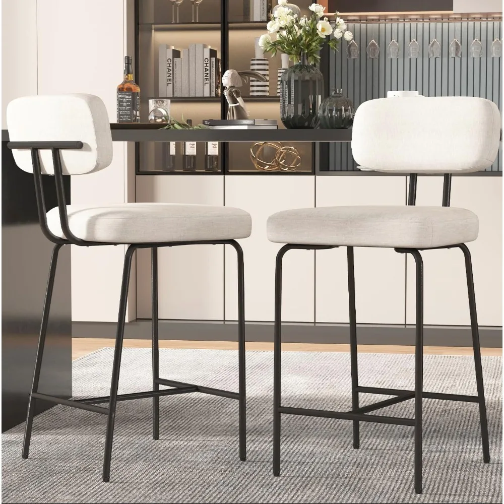 Counter Height Bar Stools Set of 2,  Barstools Set of 2, Fabric Kitchen Stools with Back Wide Seat Footrest Metal Legs