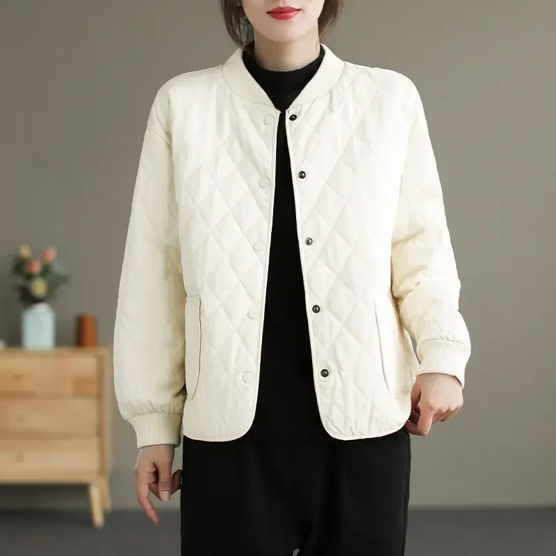 Japanese Style Vintage Women’s Solid Color Single-breasted O-neck Long Sleeve Casual Trendy Quilted Coats Female Parkas Jacket