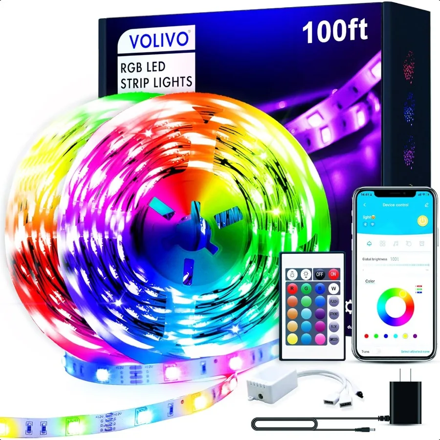 100ft ledstripverlichting voor slaapkamer kleurveranderende led-lichtstripskit met 24 toetsen IR-afstandsbediening en slimme app-bediening RGB muziek S