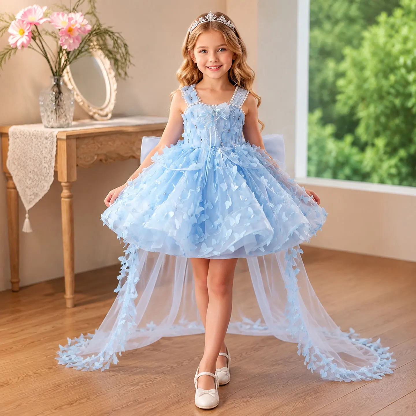 Dreamy Vow D293C Pastel Sky Blue Pearl Spaghetti Strap Girl Tutu Dress 3D Butterfly Applique Bow Detachable Train Party Gown