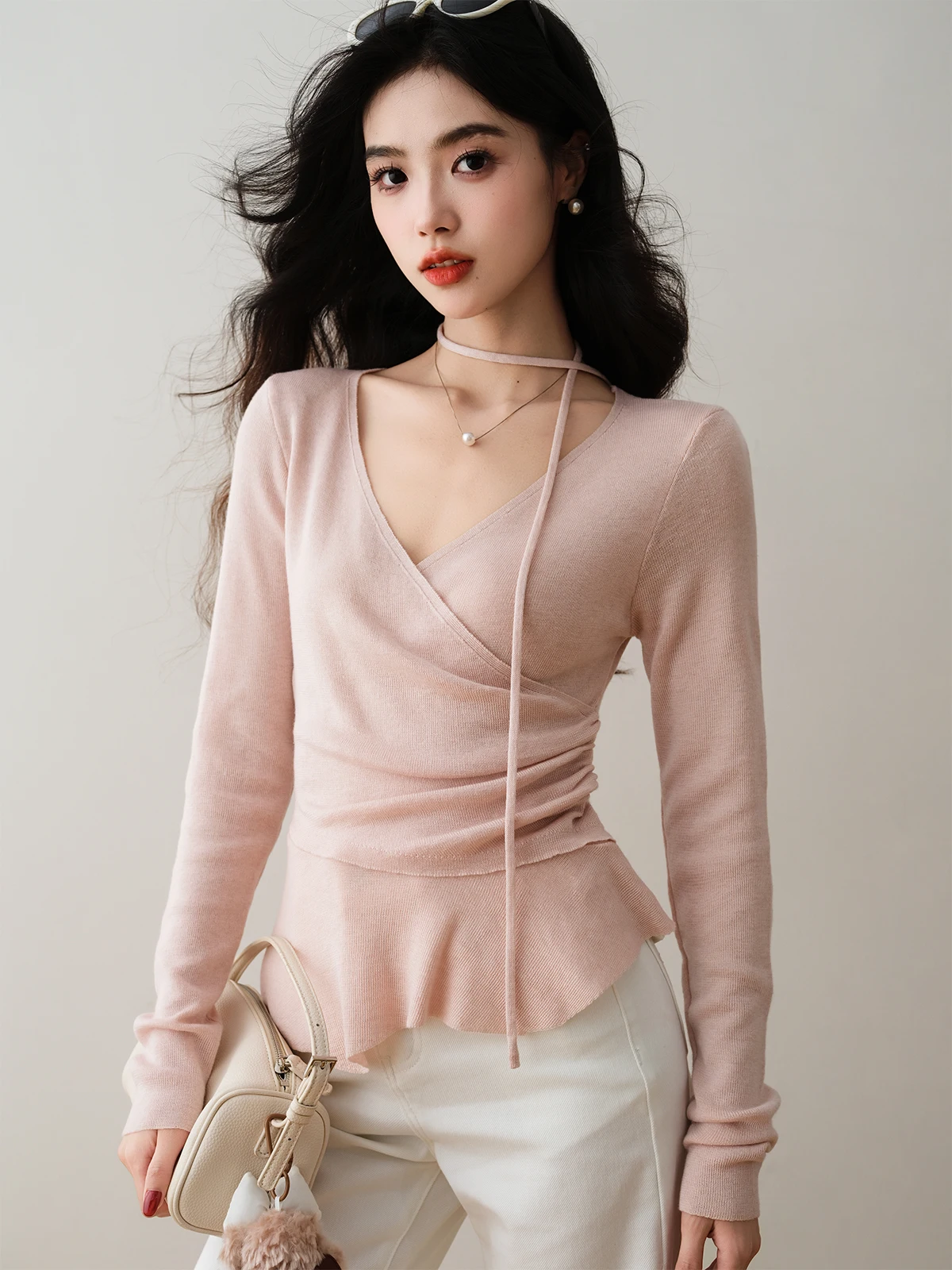 

Женский трикотажный топ Ronron Cross V-ne с драпировкой, длинным рукавом, облегающий, нежный, из полиэфирного волокна, весна 2026