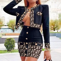 High Street New Summer Women Two-Piece Set Geometric Printing Long Sleeve Mini Bandage Dress Fashion Celebrate Evening Party Wea