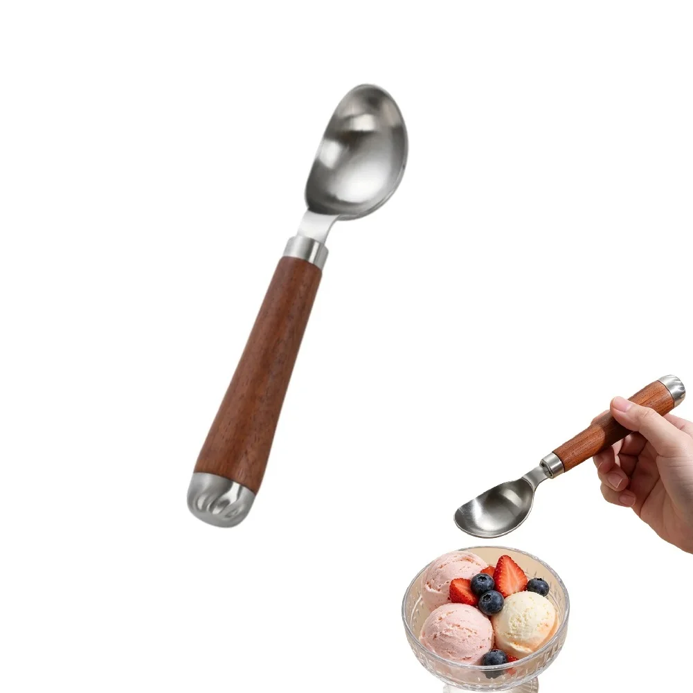 1pc 304 Stainless Steel Scooper With Natural Rosewood Handle Multi Purpose Dessert Fruit Ball Spoon For Home Baking Kitchen Prep