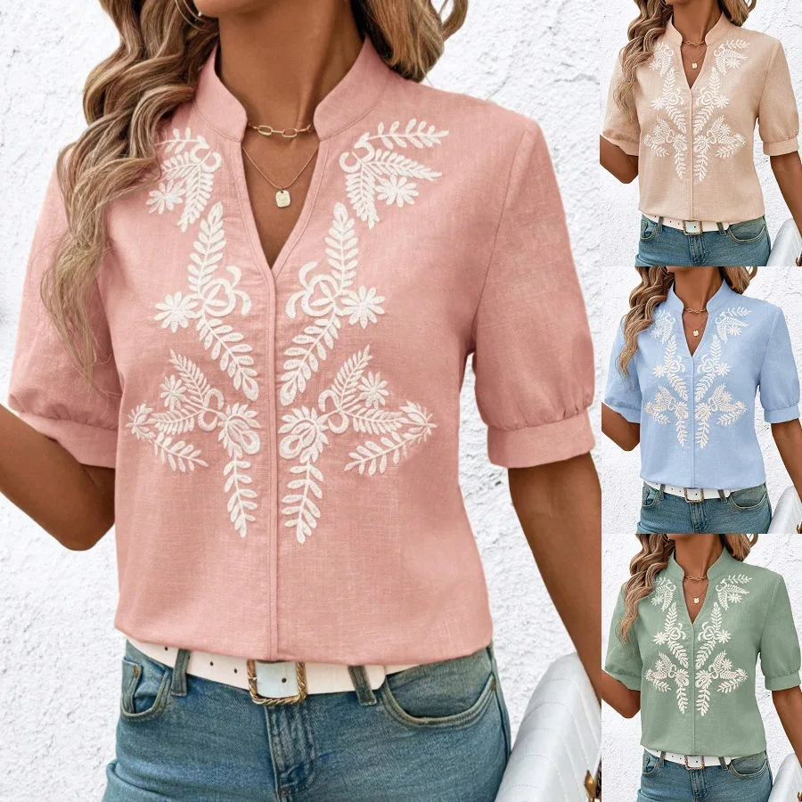 

Women Summer Blouses 2025 New Fashion V Neck Solid Cotton Embroidered Short Sleeve Shirts Casual Loose Pullover Women's Clothes