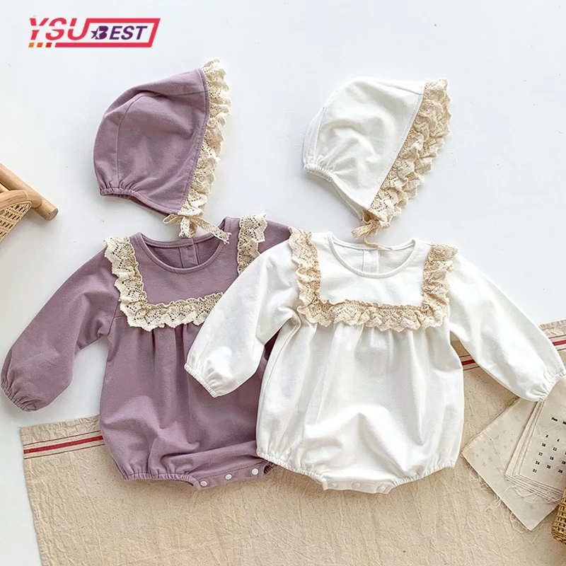 

Toddler Baby Girl Sweet Clothes Floral Lace Ruffle Cute Baby Romper + Hat Set 2Pcs Infant Vintage Floral Long Sleeve Jumpsuit