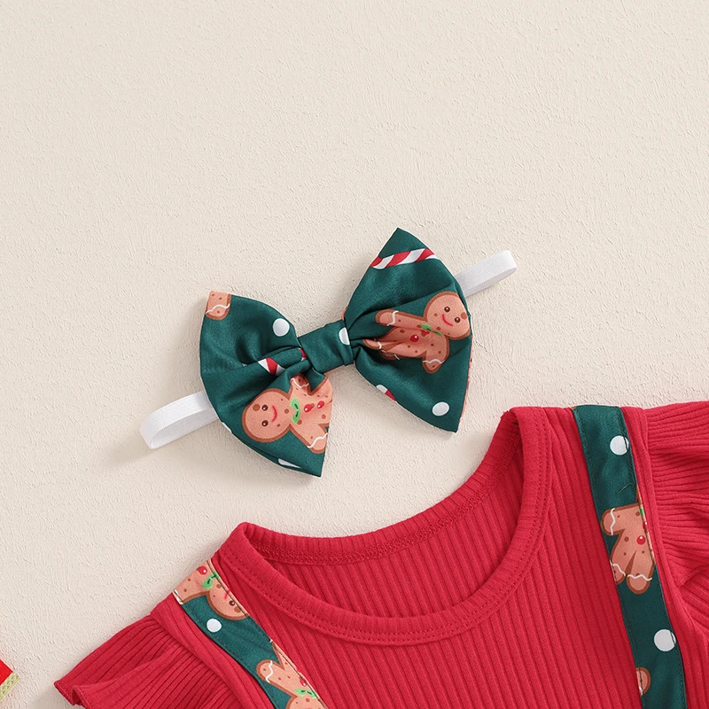 Toddler Kids Clothes Girl Christmas Dresses Ribbed Plaid/Gingerbread Man Bow Ruffles Bowknot Party Dress Headband