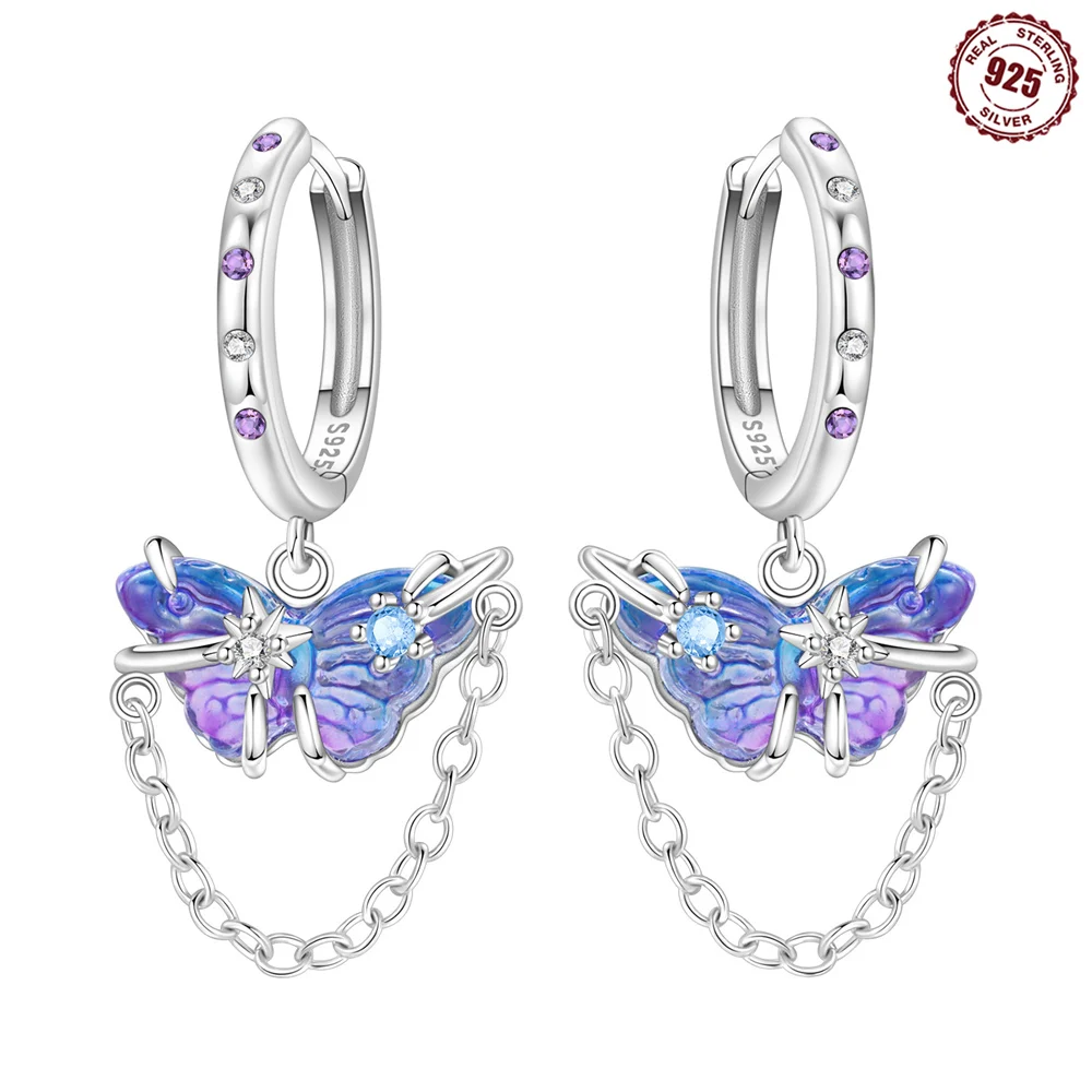 925 Sterling Silver Butterfly Chain Dangle Hoop Earrings Gradient Blue‑Purple Star Ear Clasp Hopeful Blessing Jewelry Gift