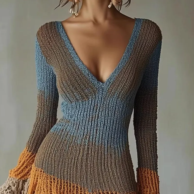 Color Blocking Knitted Mini Dress Women Spring Autumn Fashion V-neck Irregular Hem Sweater Dresses Ladies Elegant Party Vestidos