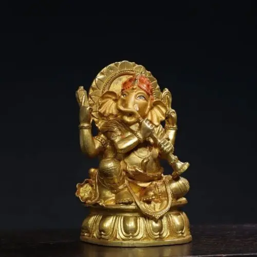 5.9" Old Tibetan Buddhism Temple Bronze gilt Elephant trunk God of wealth statue