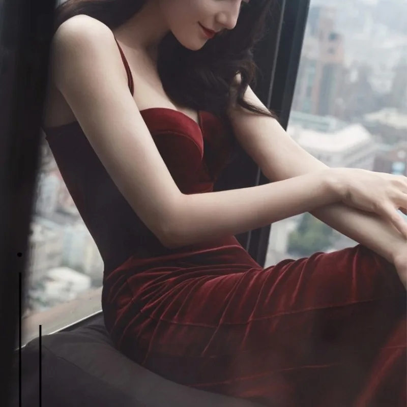 Lady Dresses Velvet Temperament Slip Dress, with Chest Pad, Women\'s Slim and Thin, Inner Layer, Bottom, Hip Wrapping, Midi Skirt