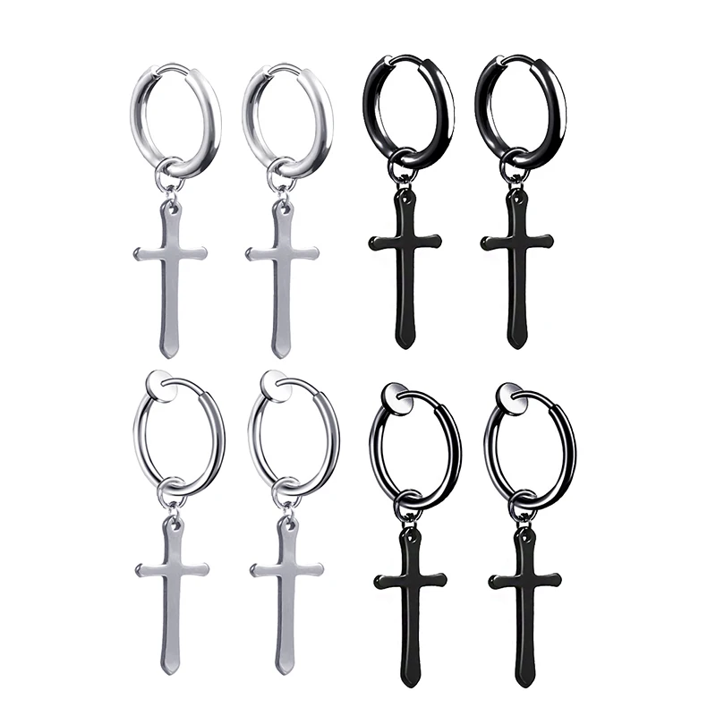 2PC Punk stainless steel Small Hoop Earrings for Men and Women Gothic Cross Ear Ring Pop Hip Hop Piercing Ear studs Jewelry