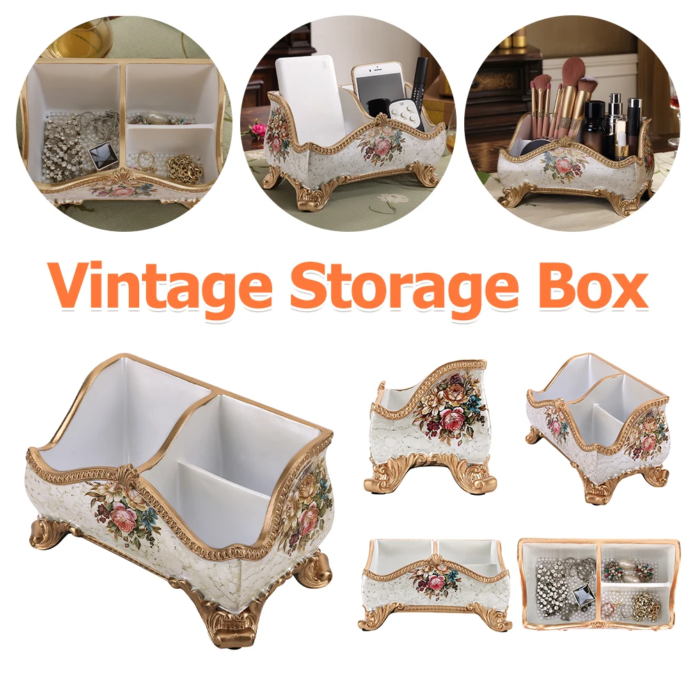 

Винтажный органайзер из смолы с цветочным принтом, лоток с тремя отделениями, ретро-ящик для хранения, ретро-держатель для пульта дистанционного управления для общежития, офиса, дома