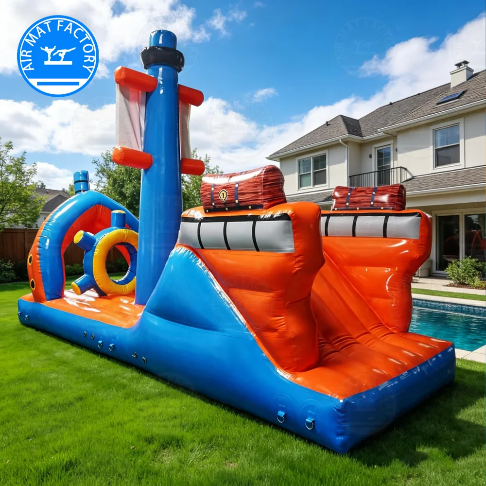Pirate Ship Inflatable Water Slide & Obstacle Course Floating Pool Water Play Equipment with Climbing Steps for Family Party