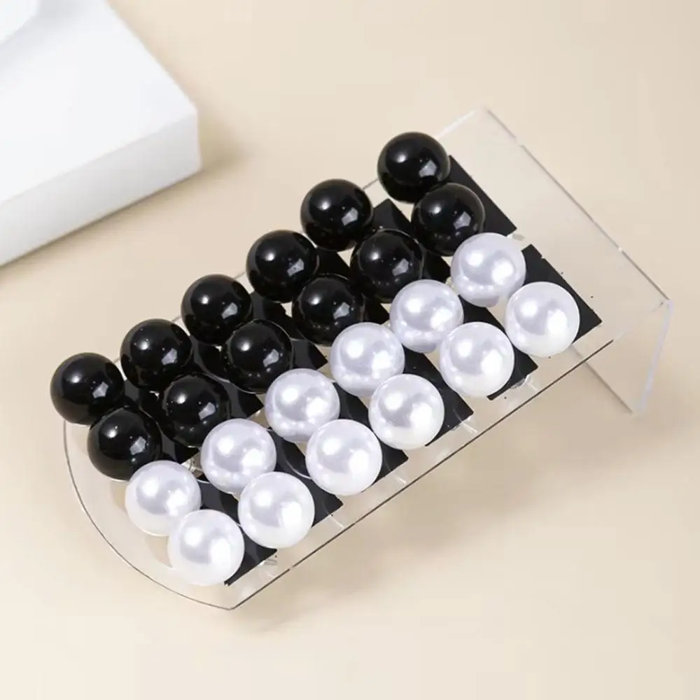 12pairs Mixed Black White Round Simulation Pearl Stud Earrings For Women Girls Resin Earrings Set Shiny Fashion Jewelry Gifts
