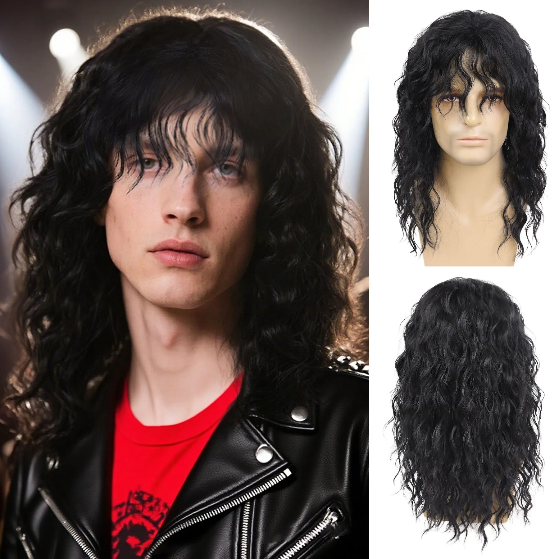 

Synthetic Natural Black Wig Long Curly Hair for Men Daily Use with Bangs Cancer Patient Gift Outfits Costume Party Wig Male Wigs
