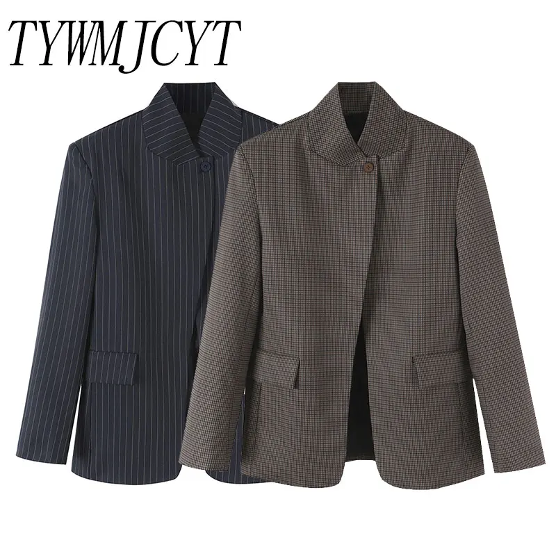 TYWMJCYT 2026 Women High Street Plaid Blazer Stand Collar Long Sleeve Single Button  Vintage Check Office Commute Jacket