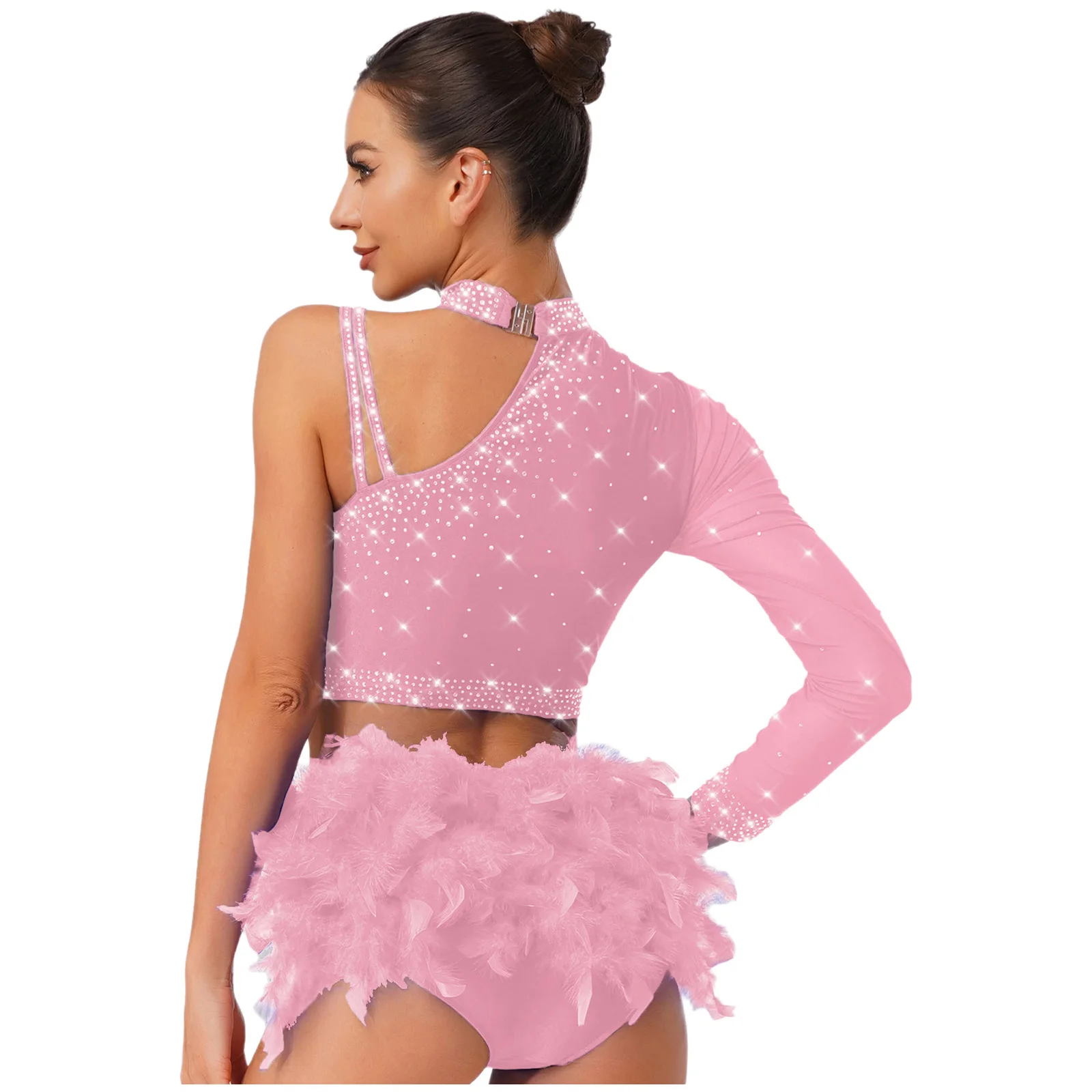 Damen Jazz Tango Latin Bauchtanz Cropped Tops Strass Single Langarm Asymmetrisches Top für moderne Dancewear Performance