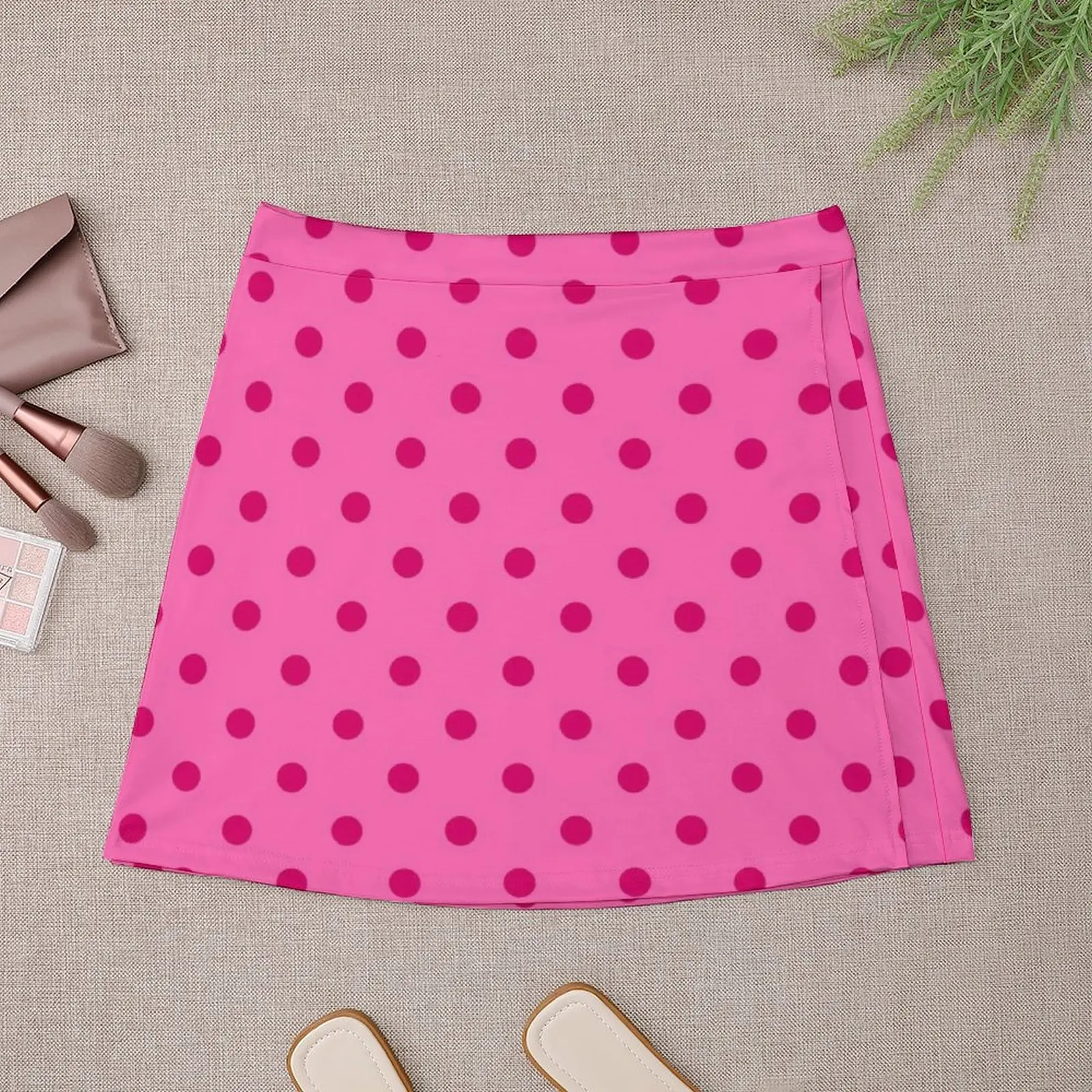 Medium Dark Hot Pink Polka Dots on Light Hot Pink Mini Skirt mini skirts women's skirt 2025 trend Womens dresses Mini Skirt