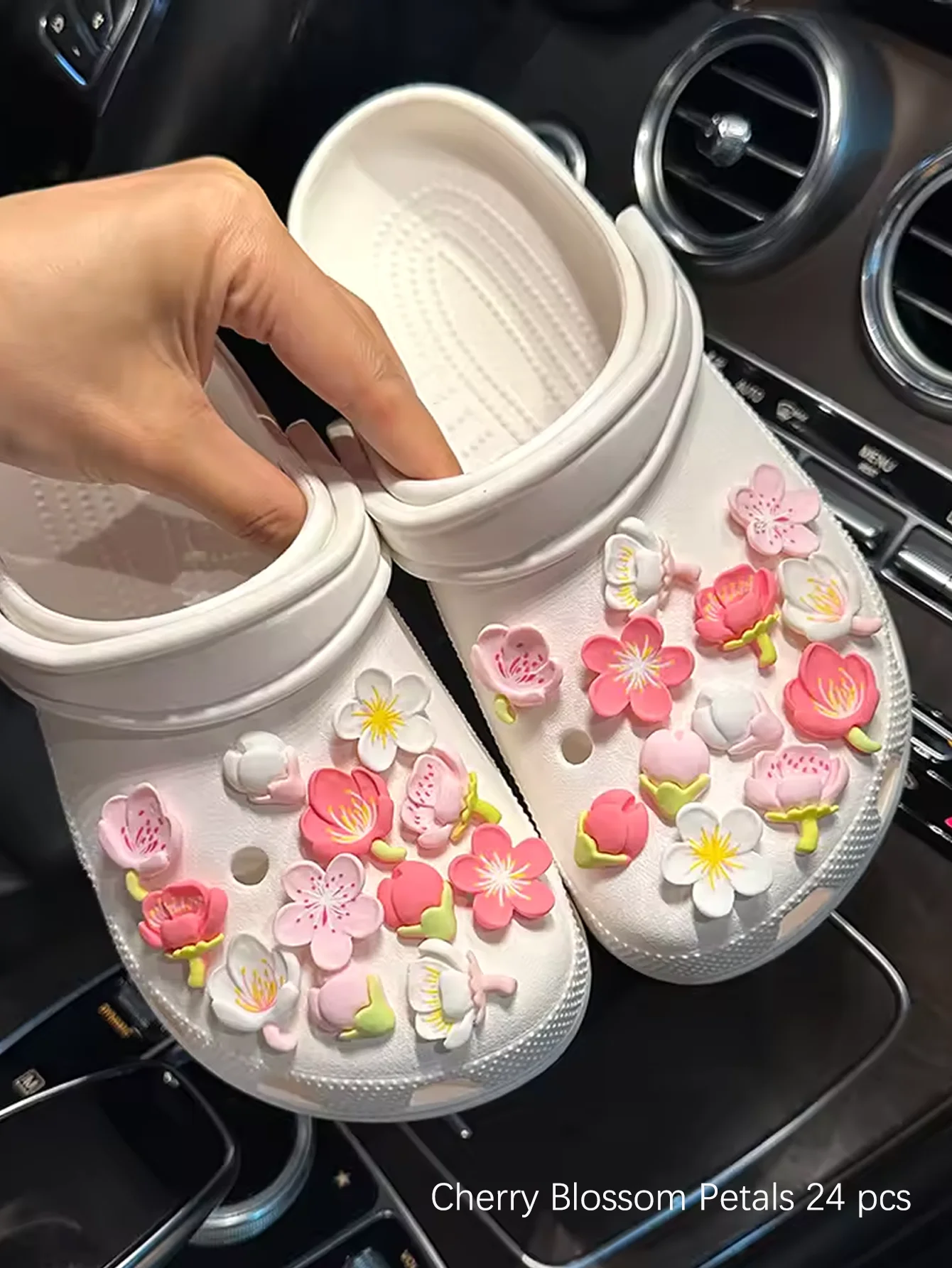 12/24-Piece Gradient Cherry Blossom Shoe Decor Set, Pink-White, Durable ABS W/Rose, Removable