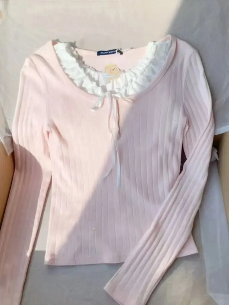 

Korean Fashion Kawaii Shirts Sets Women Harajuku Long Sleeves Pink Knitted Sweater Indie Aesthetic Clothes Korean Outfits Women
