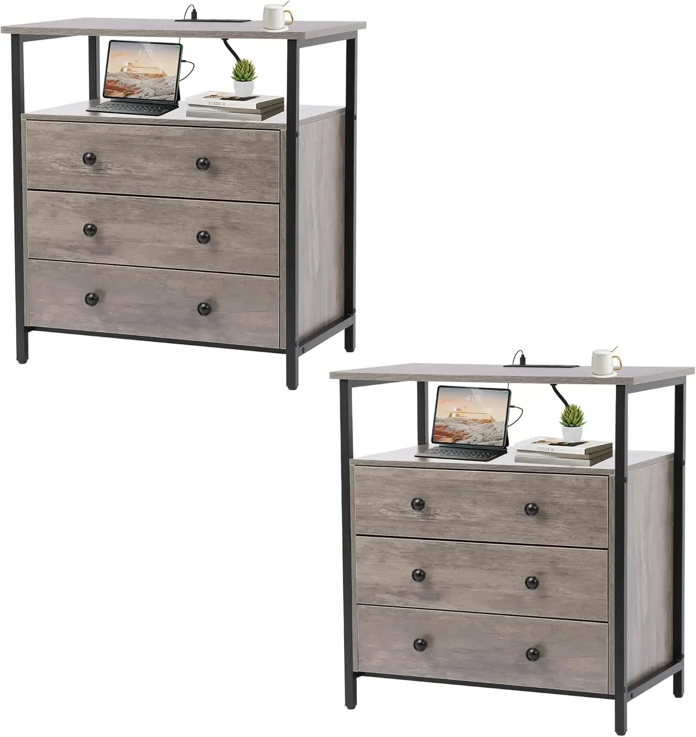 3 Wooden Drawers Nightstand, 27 Inch Wide Night Stand Set 2 with Charging Station and Adjustable Drawers