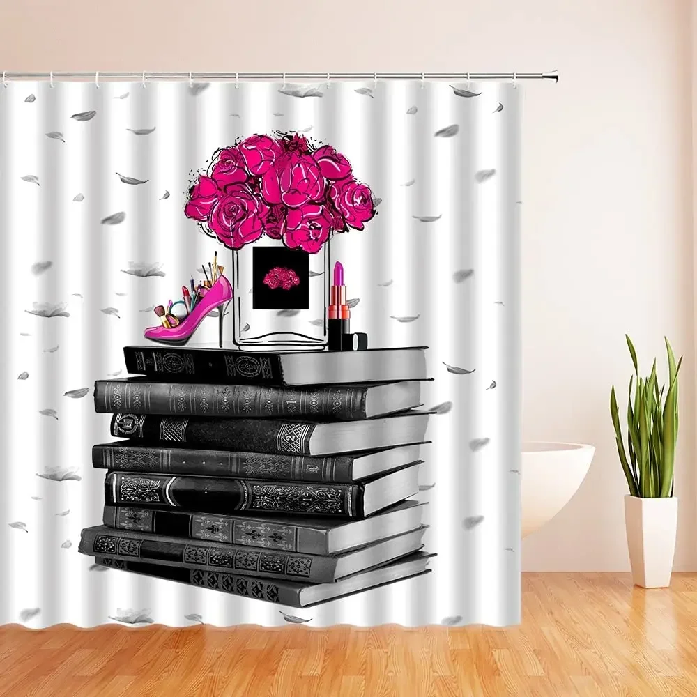 Fashion Shower Curtain High Heel Retro Book Stack Perfume Bottles Watercolor Flower Decor Fabric Bathroom Curtain Set with Hook