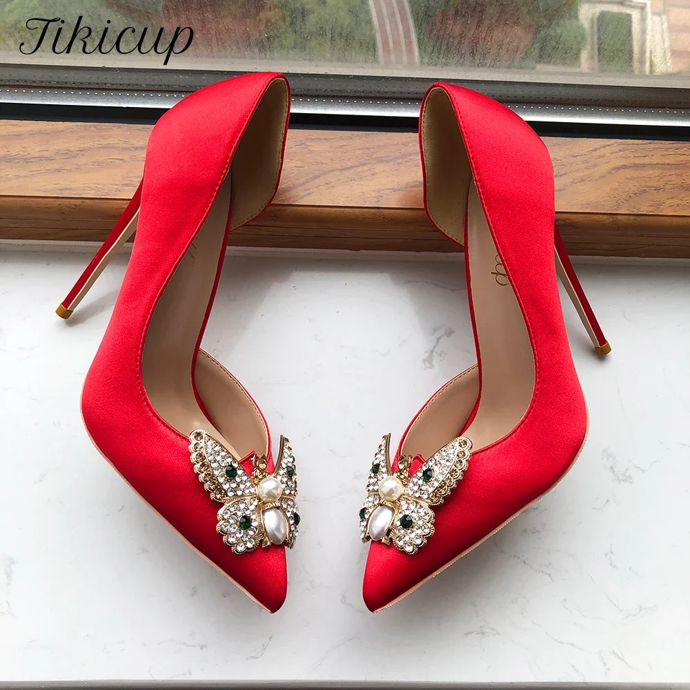 

Tikicup 8cm 10cm 12cm Sparkly Party Wedding Shoes Glitter Bow Women Red Satin High Heel Shoes Pointy Toe Chic Stiletto Pumps