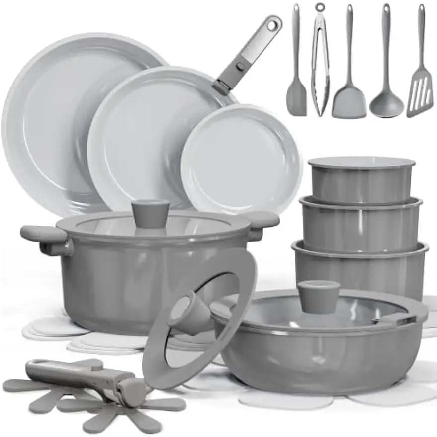 27Pcs Ceramic Cookware Set Pots Pans Detachable Handle Nonstick Nontoxic Pfas Pfoa Free Induction Compatible Dishwasher Oven Saf