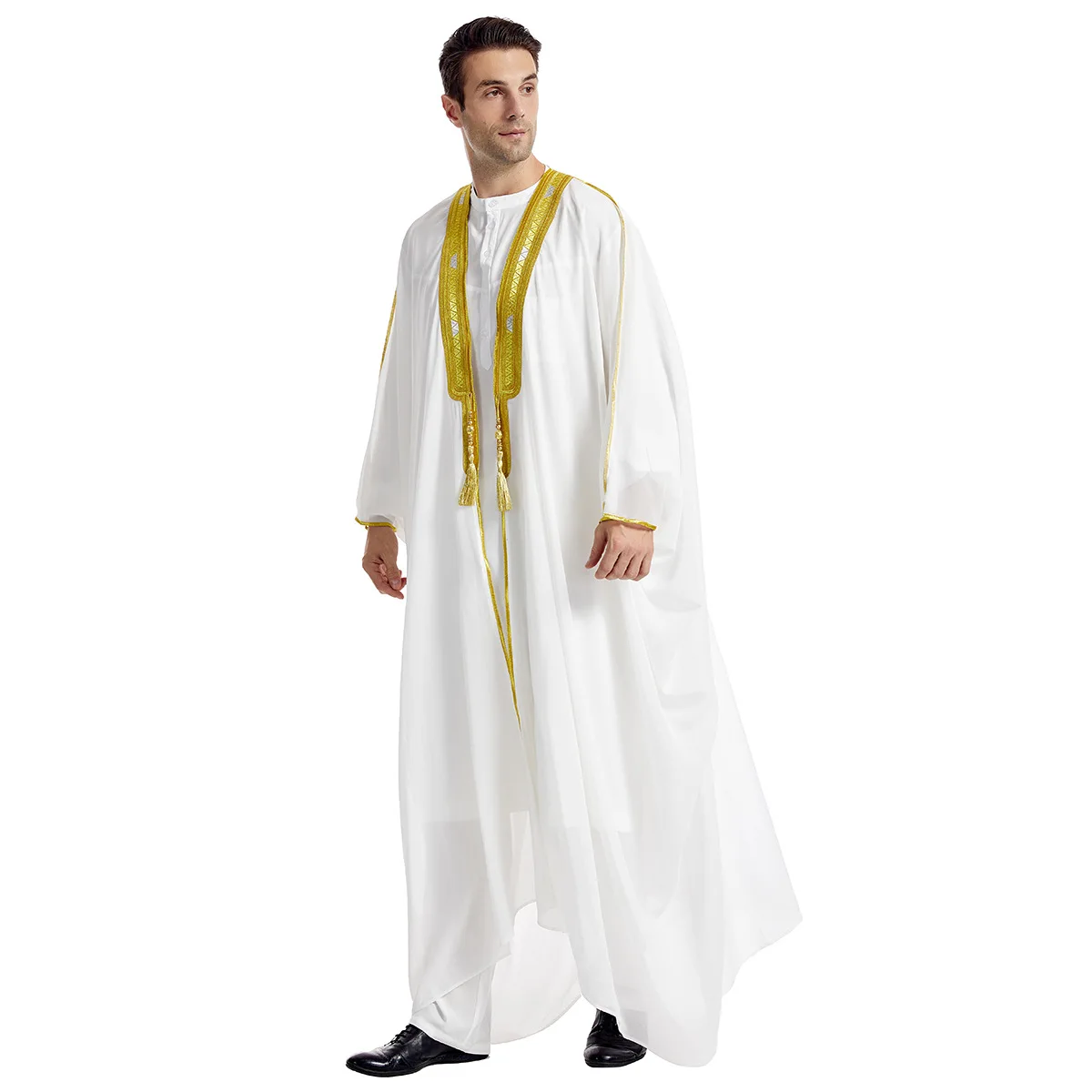 Ramadan Thobe abito da uomo a maniche lunghe ricamato a contrasto di colore, Abaya Burqa da uomo